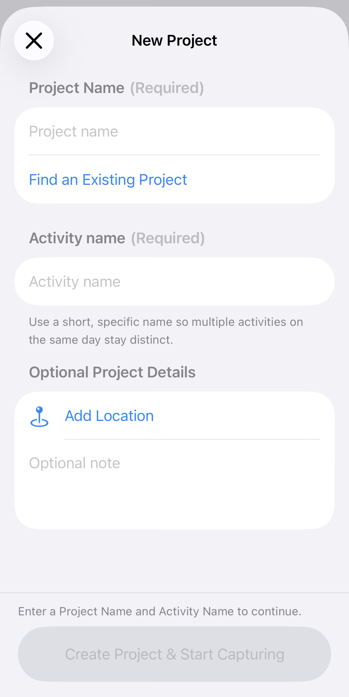 New Project form showing Project Name, Activity name, Optional Project Details and a disabled Create Project and Start Capturing button.