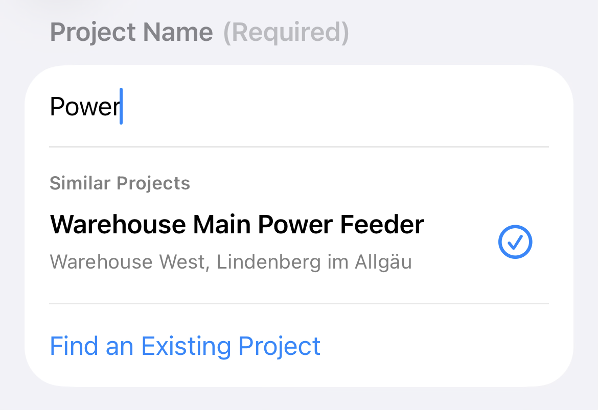 Project Name field showing an inline Similar Projects result and Find an Existing Project action.