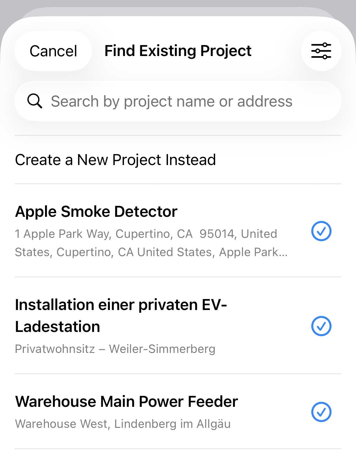 Find Existing Project sheet with search, sorting, Create a New Project Instead and active Project rows.