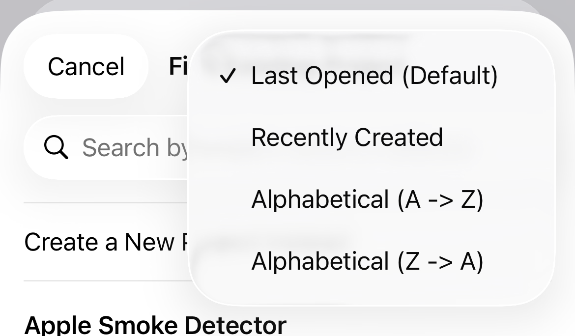 Find Existing Project sort menu showing Last Opened, Recently Created and both alphabetical orders.