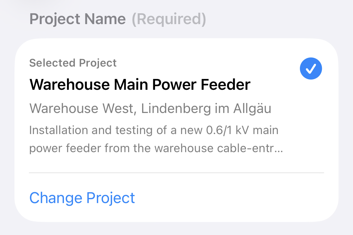 Selected Project summary showing a Project name, location, Project note and Change Project action.