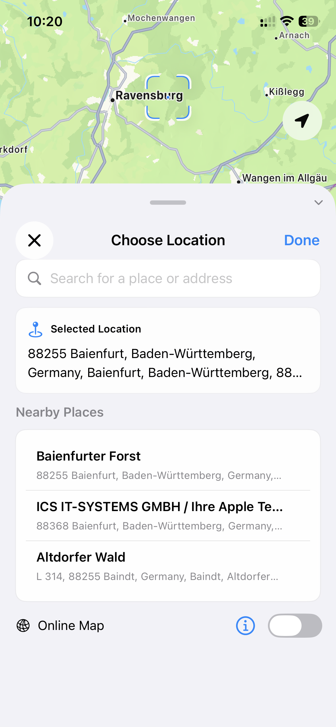Choose Location screen with map, viewfinder, Current Location, search, selected location, Nearby Places and Online Map control.