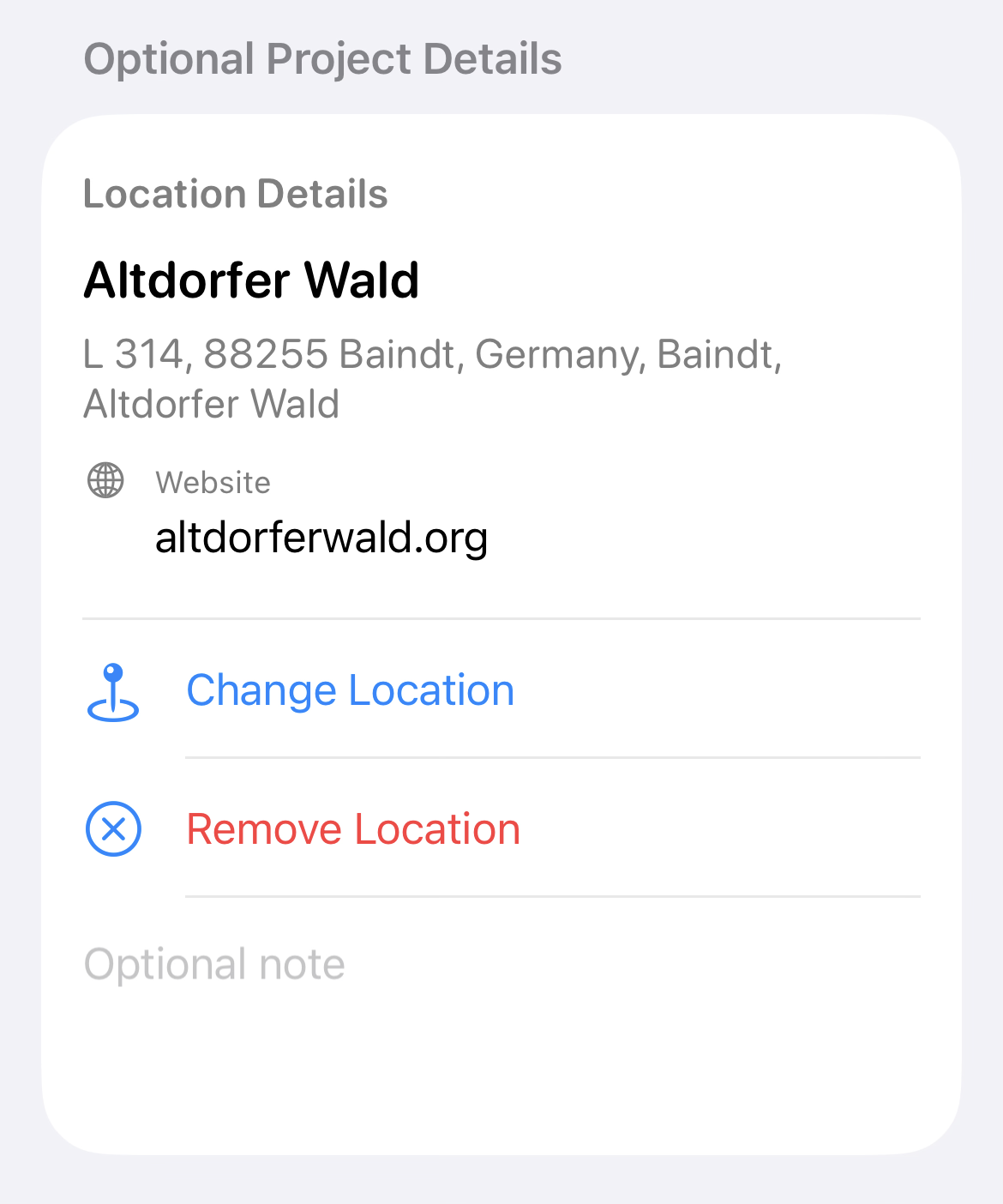 Optional Project Details showing a selected place, address, website, Change Location and Remove Location actions.