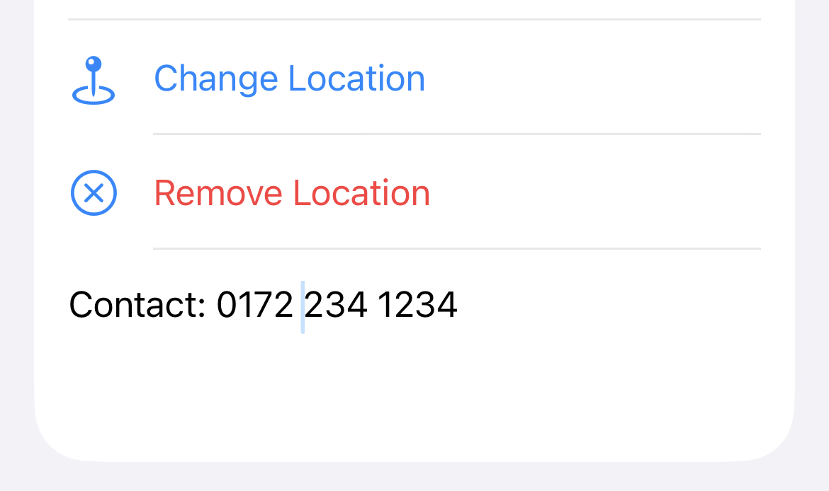 Optional Project note containing a site contact below Change Location and Remove Location actions.