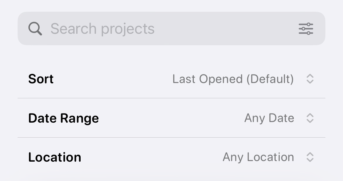 Expanded Project search filters showing Sort, Date Range and Location controls.