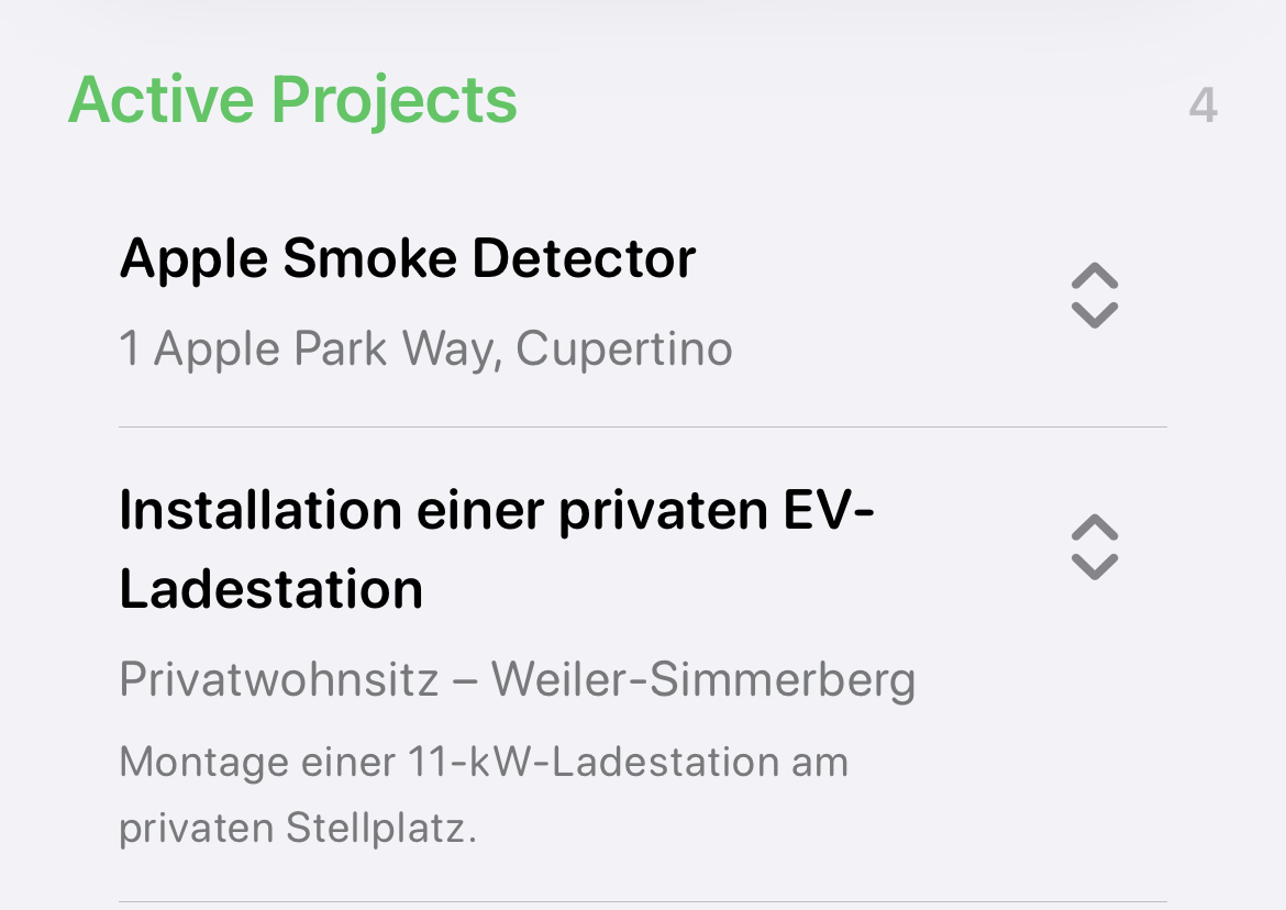 Active Projects section showing the section count and two Project rows with their More Tools disclosure controls.