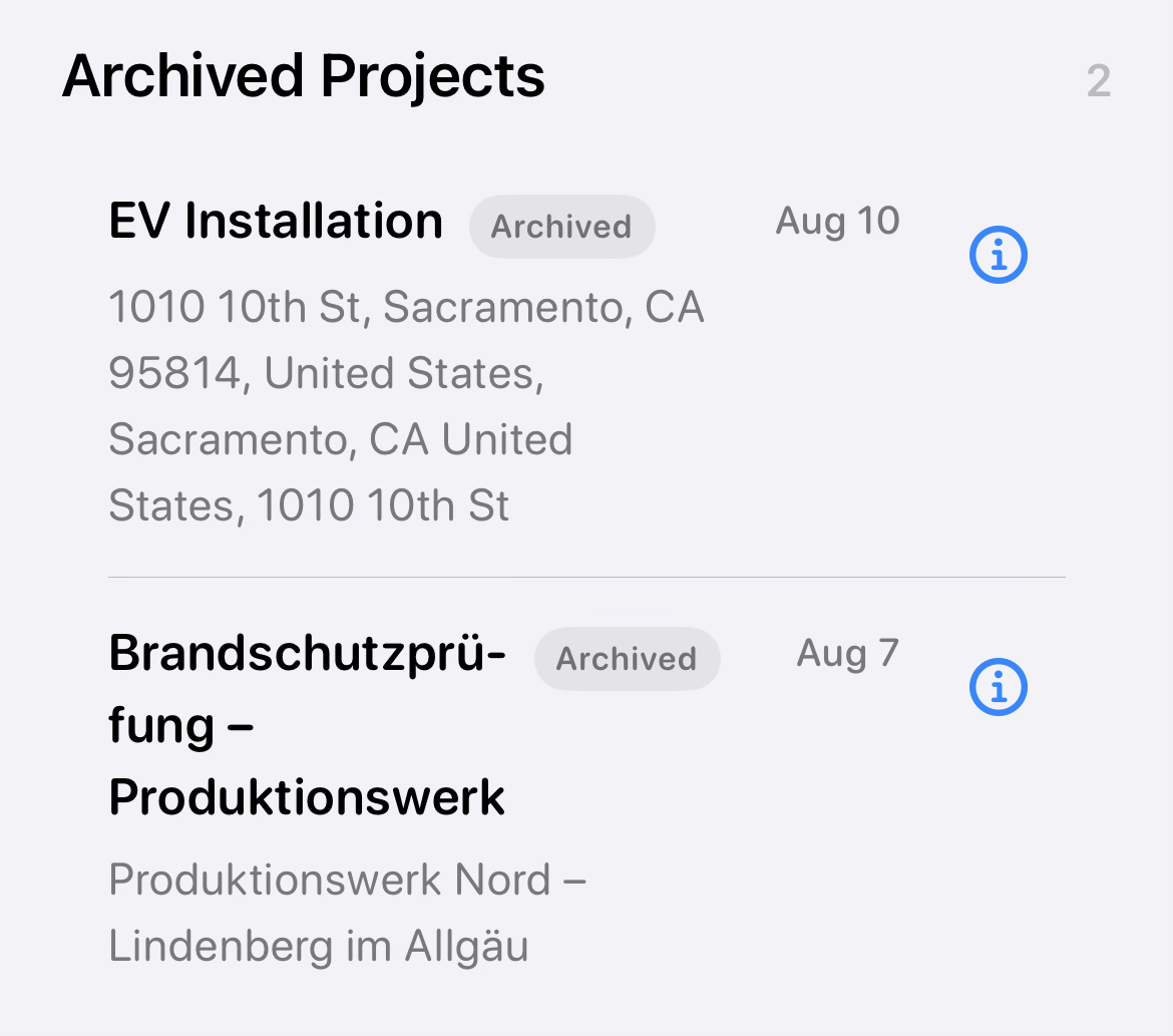 Archived Projects section showing two archived Project rows with dates, locations and information buttons.