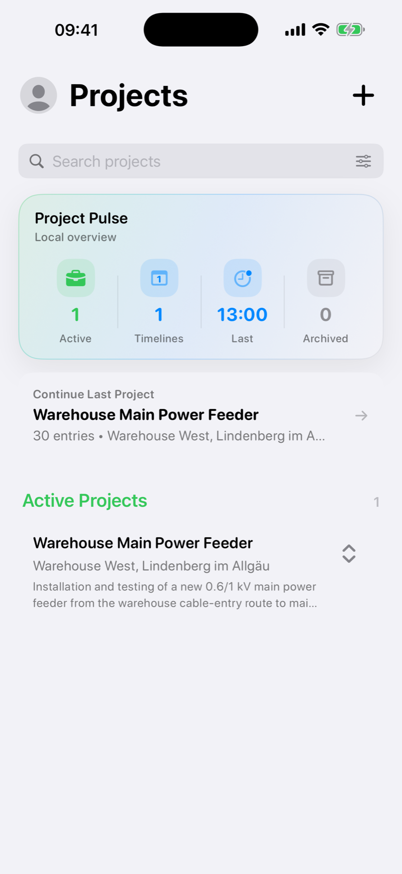 Complete WerkLog Projects screen showing the header, search, Project Pulse, Continue Last Project and Active Projects section.